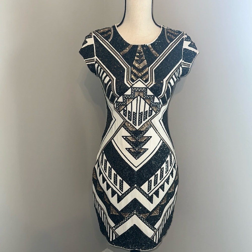 Black & White Sequin Cap Sleeve Dress
